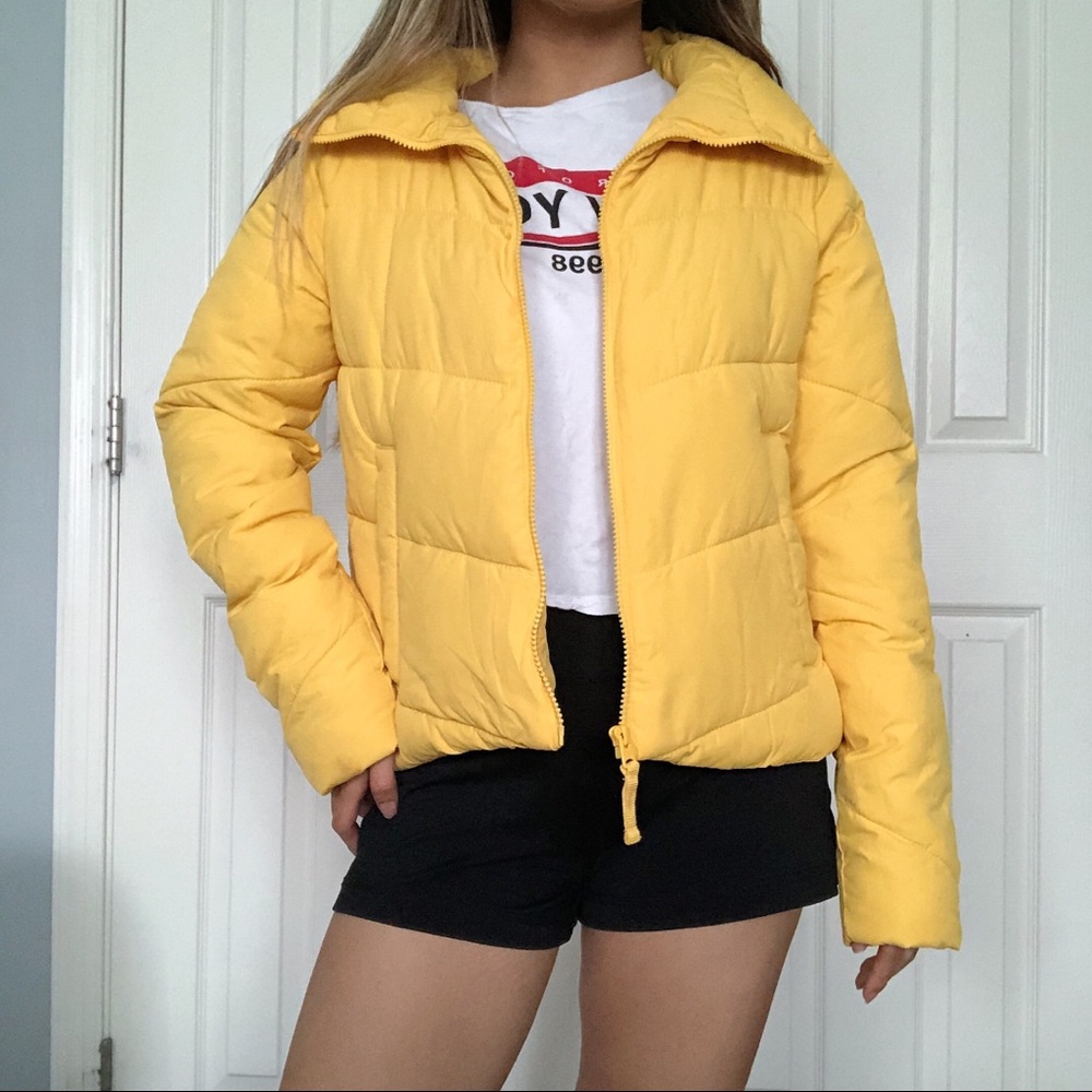 yellow crop puffer jacket